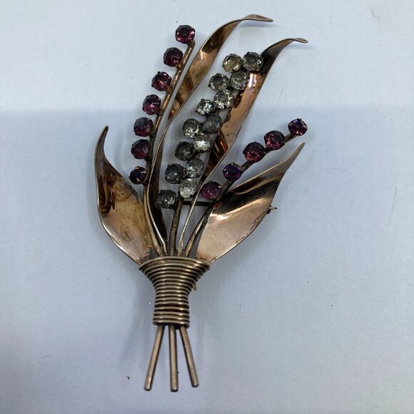 Vtg 1940 CORO ? copper tone flowers spray purple rhinestone lily of the valley - Picture 1 of 2